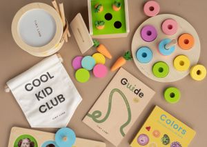 Colorful wooden educational toys and learning materials arranged on brown surface.