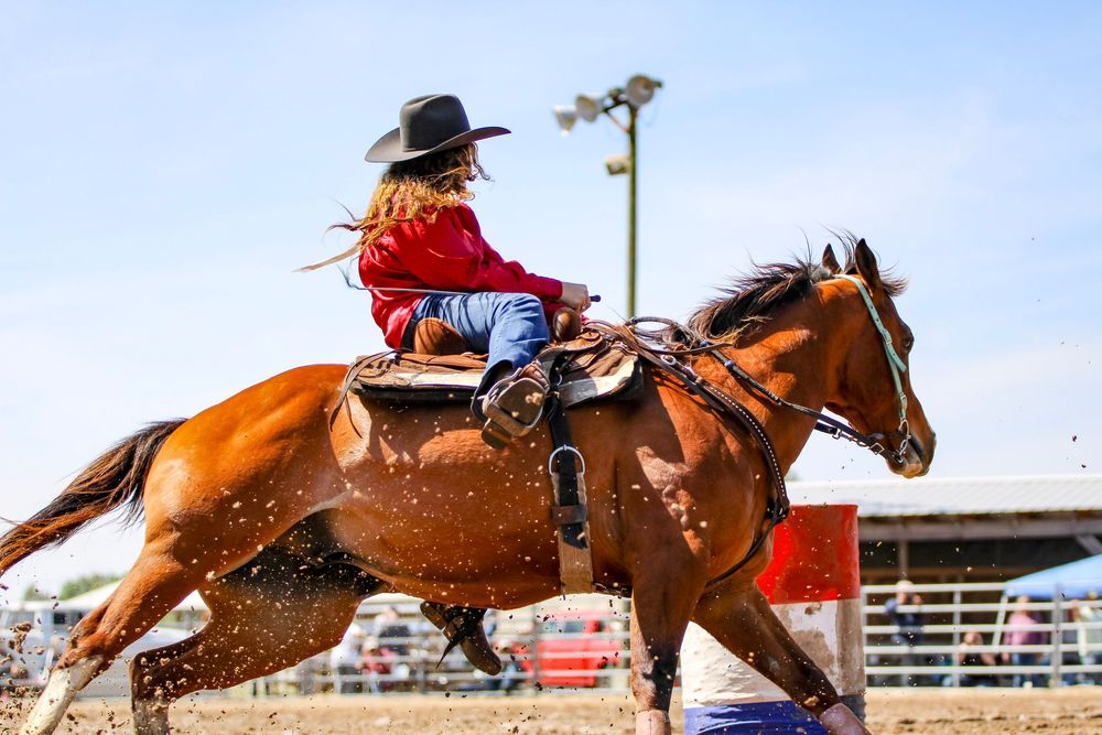 Sequential action shots of barrel racing at a rodeo competition.