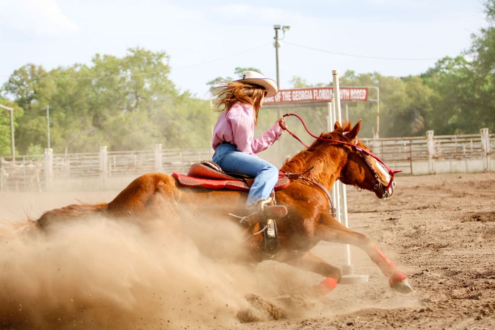 Series of action shots showing barrel racing in a dusty rodeo arena.