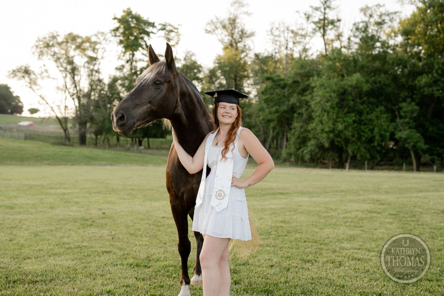 A dark brown horse and rider pose together in a grassy field at sunset with trees in the background.