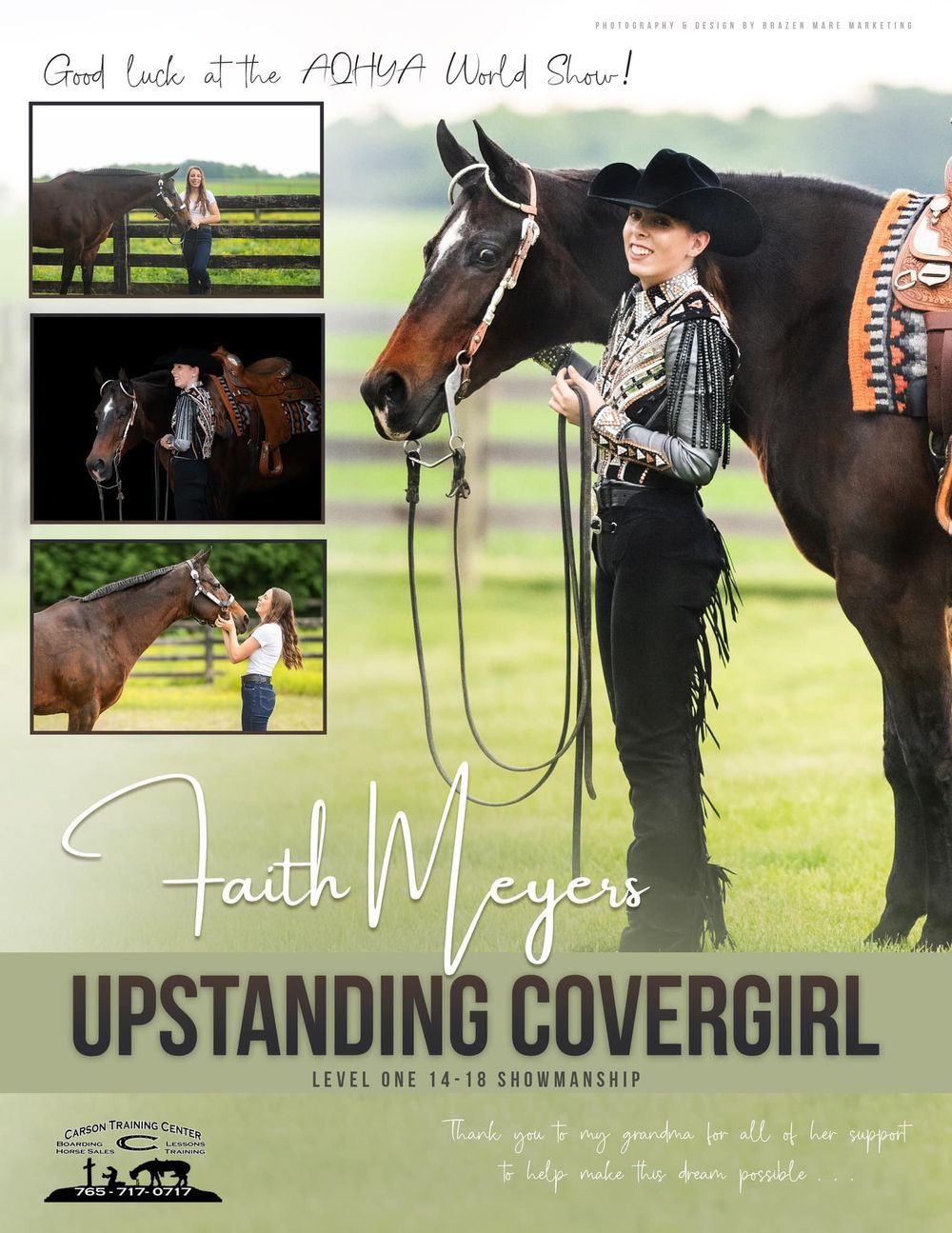 Series of equestrian photos showing a horse and rider in various poses with text overlays.