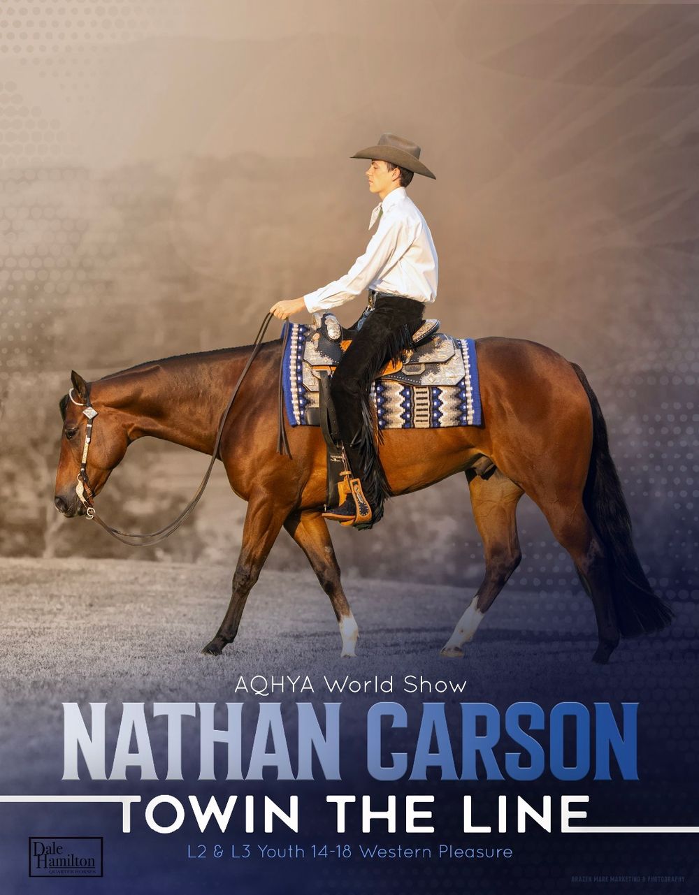 Professional equestrian show banner featuring horse and rider in competition.