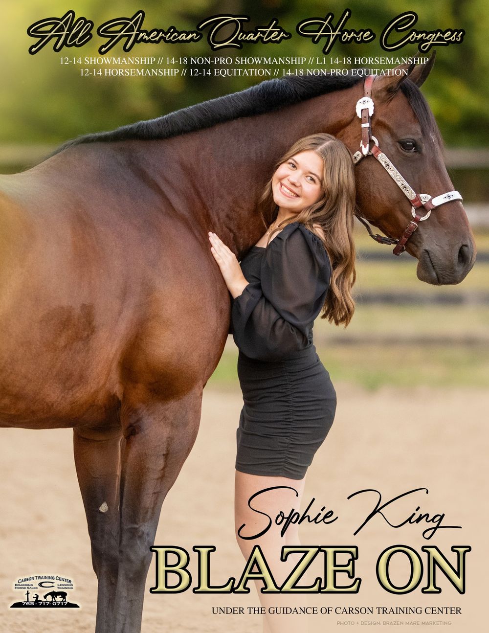 Marketing banner featuring a brown horse and text overlay for Blaze On training center.