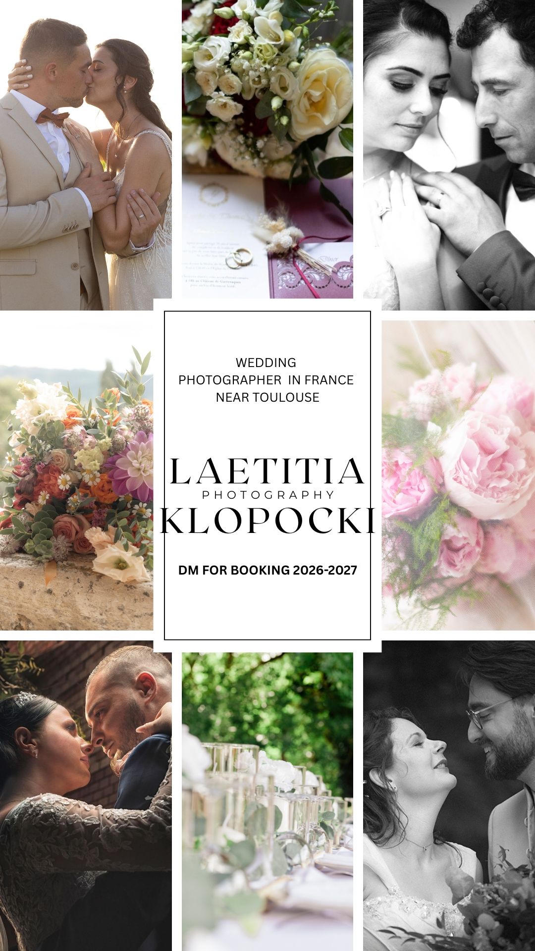 Wedding photography portfolio collage featuring romantic couples, floral arrangements, and table settings in black and white and color.