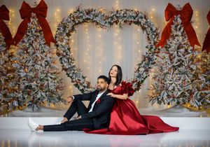 Elegant holiday photo setup with silver wreaths, red bows, and twinkling lights creating a festive backdrop.