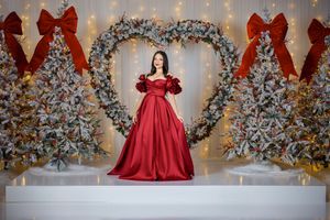 Dramatic red ball gown contrasts beautifully against silver Christmas trees and twinkling fairy lights.