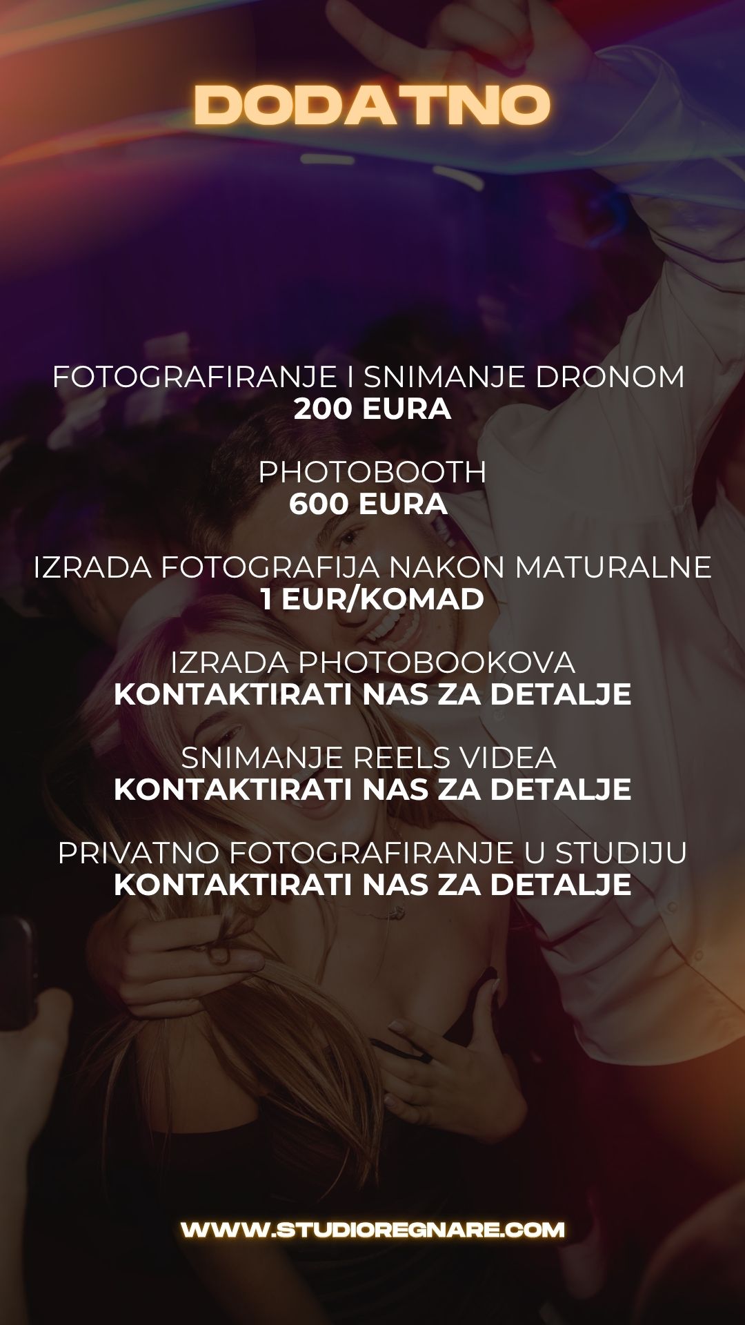 Nightclub event poster with text overlays showing 'Maturalna Vecer' against a dark background with crowd photos.