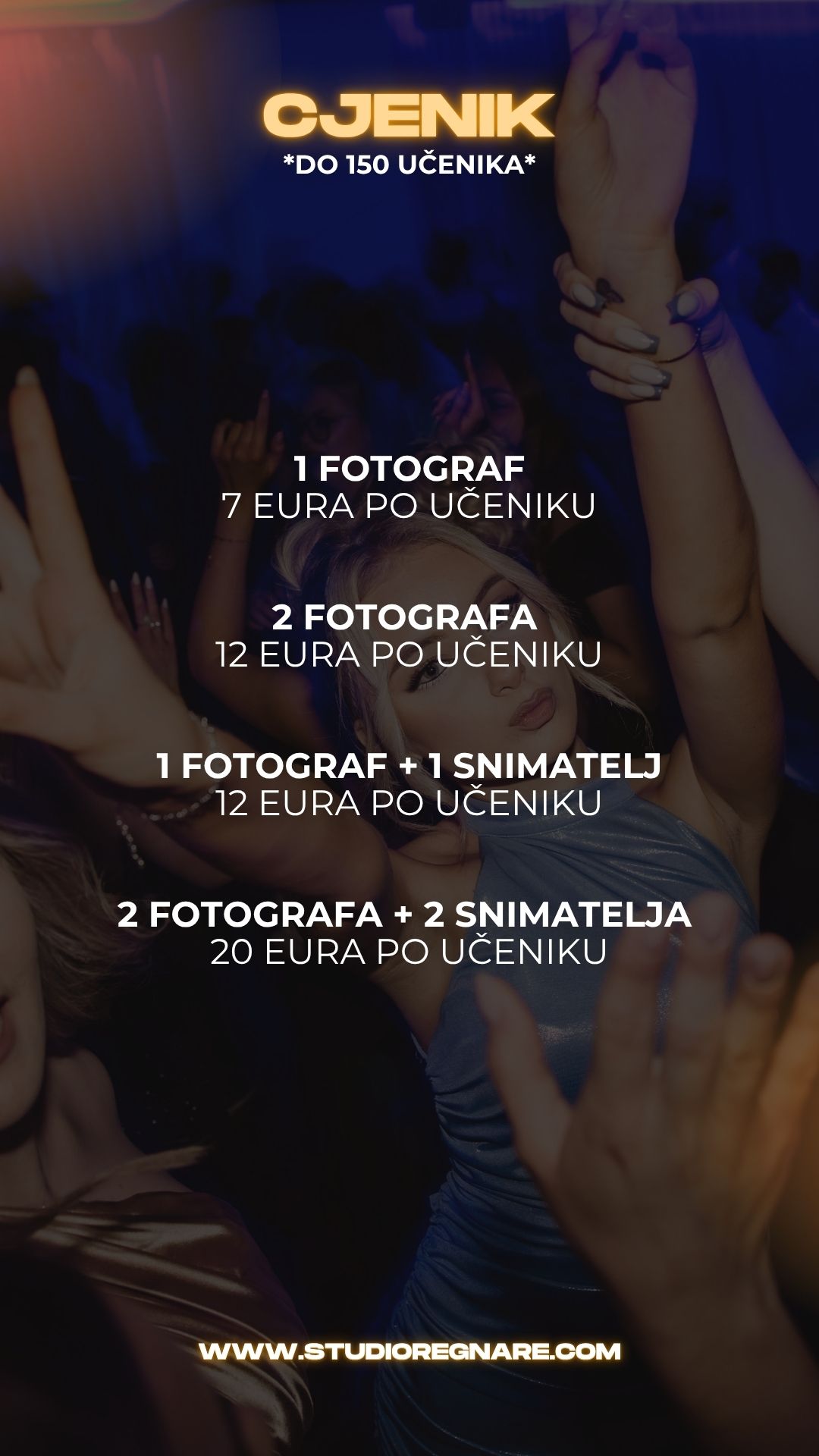 Nightclub event poster with text overlays showing 'Maturalna Vecer' against a dark background with crowd photos.