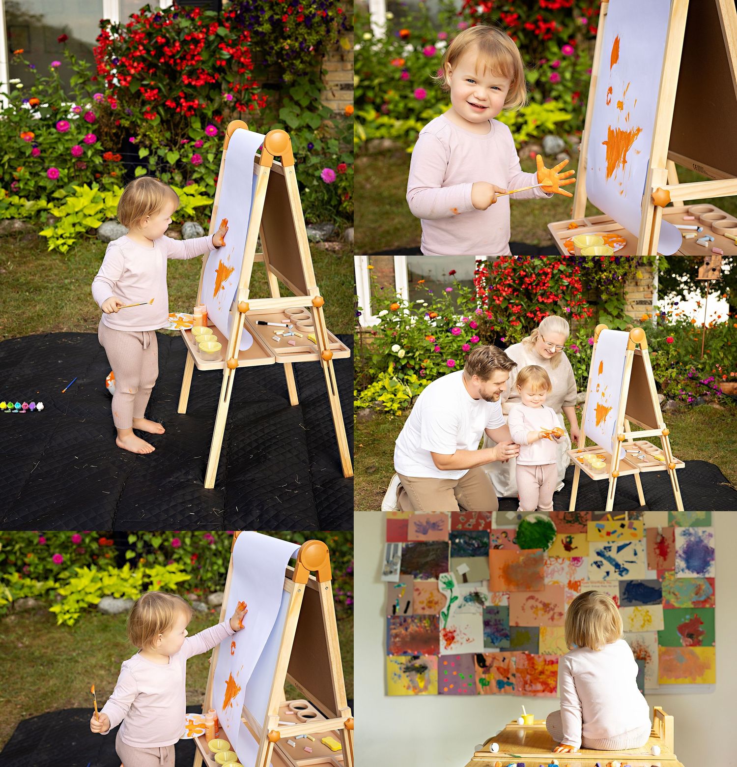 Little girl painting with her favorite orange color on an easel outside during a Hartland, Wisconsin family photo session.