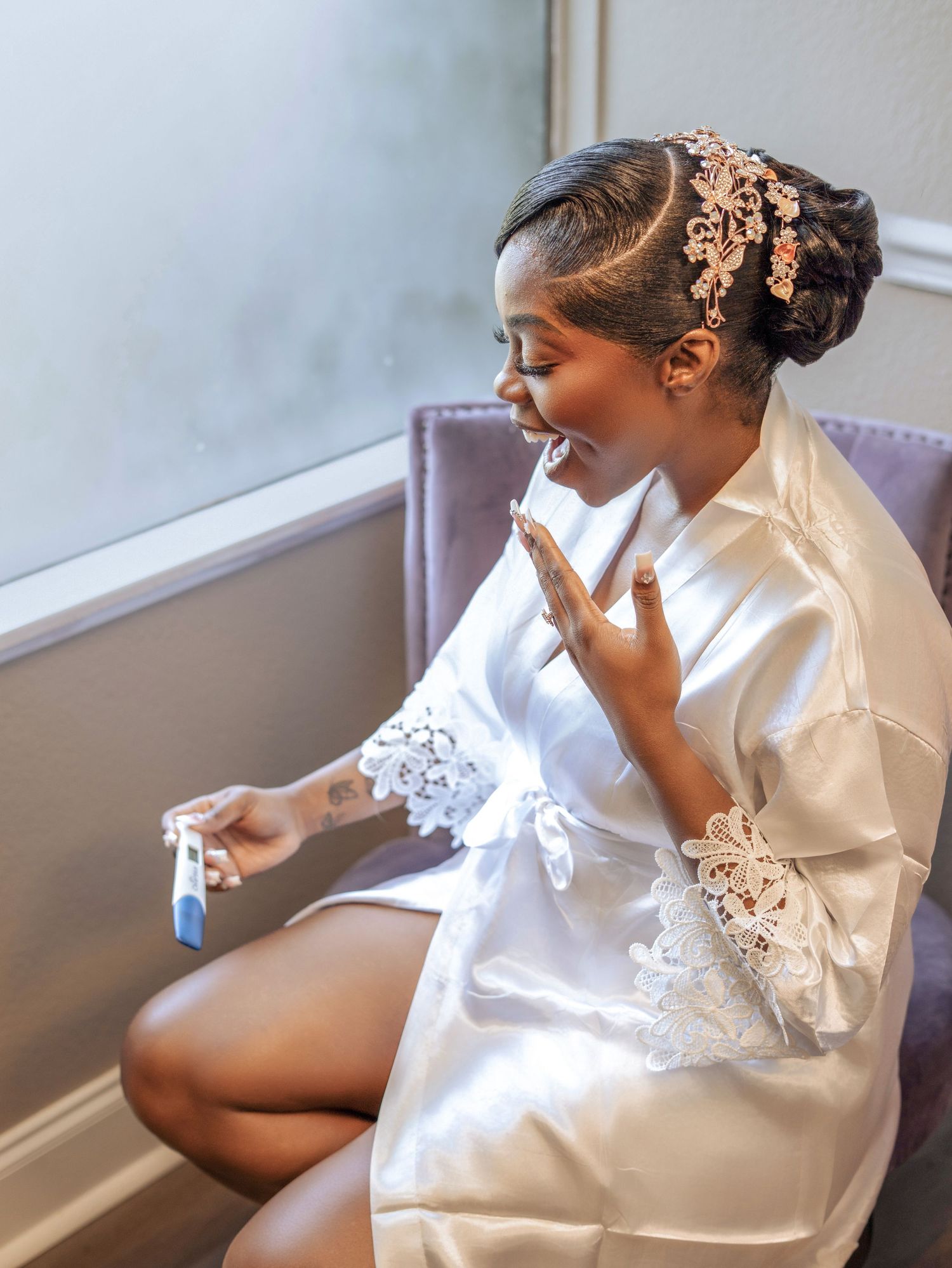 A series of black and white photos showing a person in a white satin robe gazing out a window in contemplative poses.