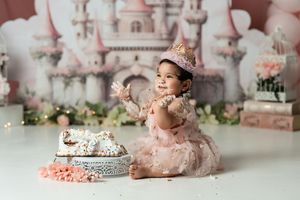 Soft pink castle-themed newborn photography setup with delicate props and floral accents.