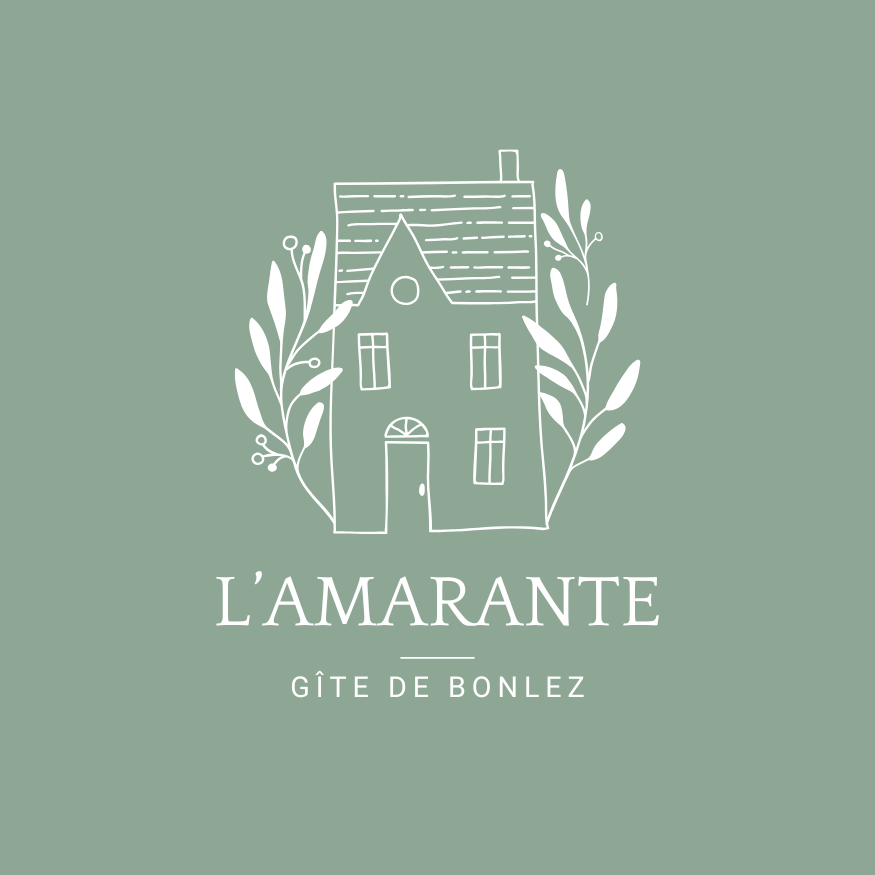 Simple green and white logo designs for L'Amarante and Gite de Bonlez featuring minimalist house and leaf motifs.
