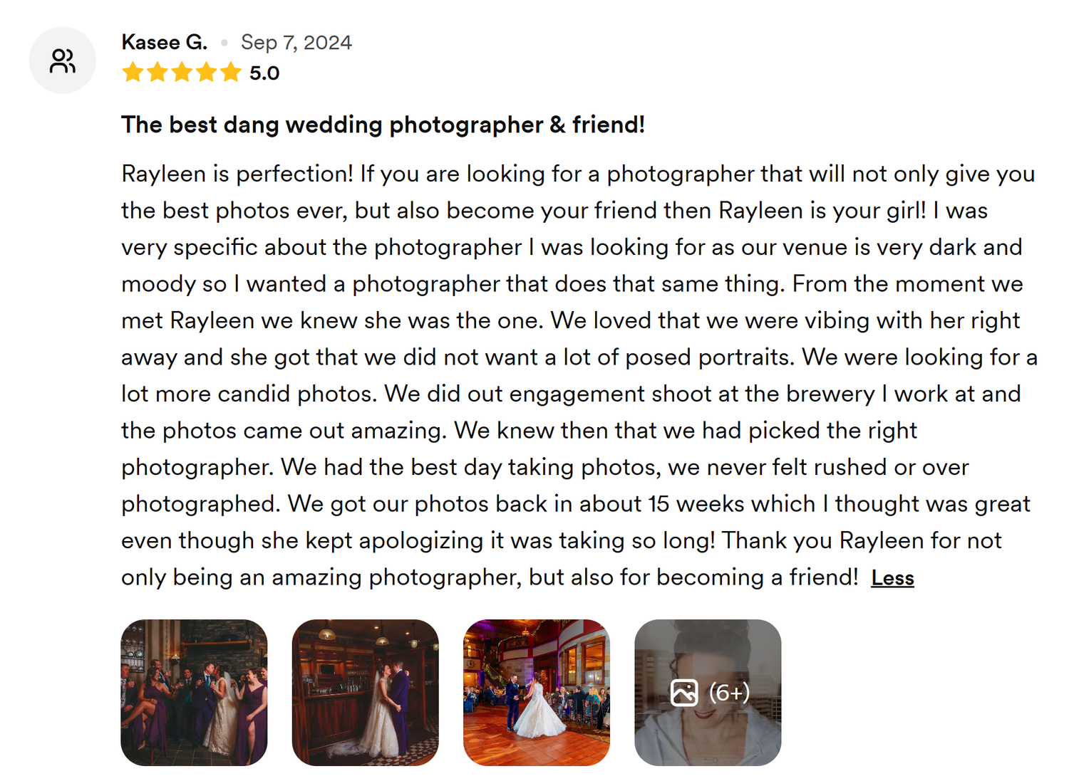 A series of wedding photos displayed in a customer review showing romantic moments and outdoor photography.