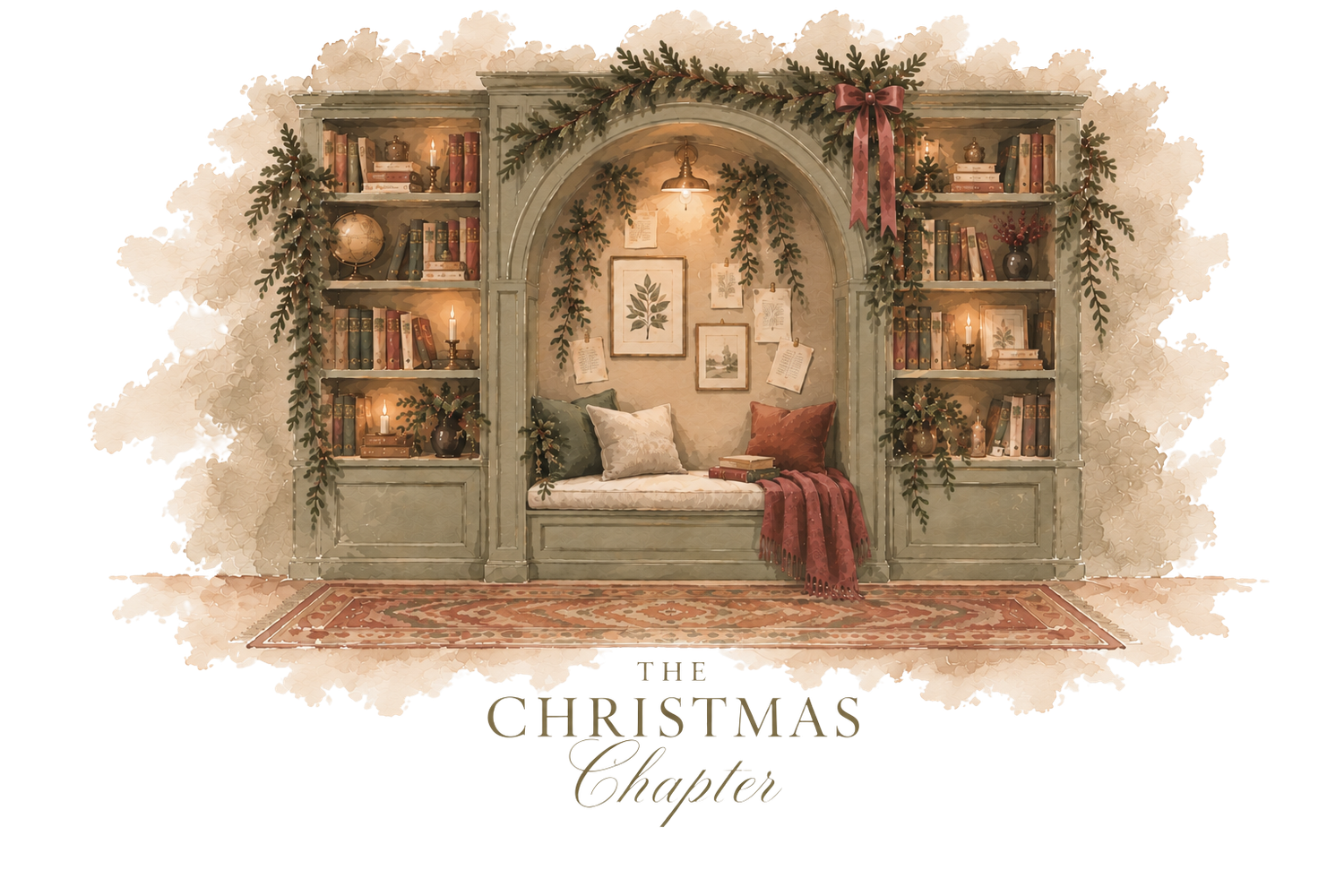 Watercolor illustration of a cozy Christmas shop exterior with festive decorations and holiday garlands.