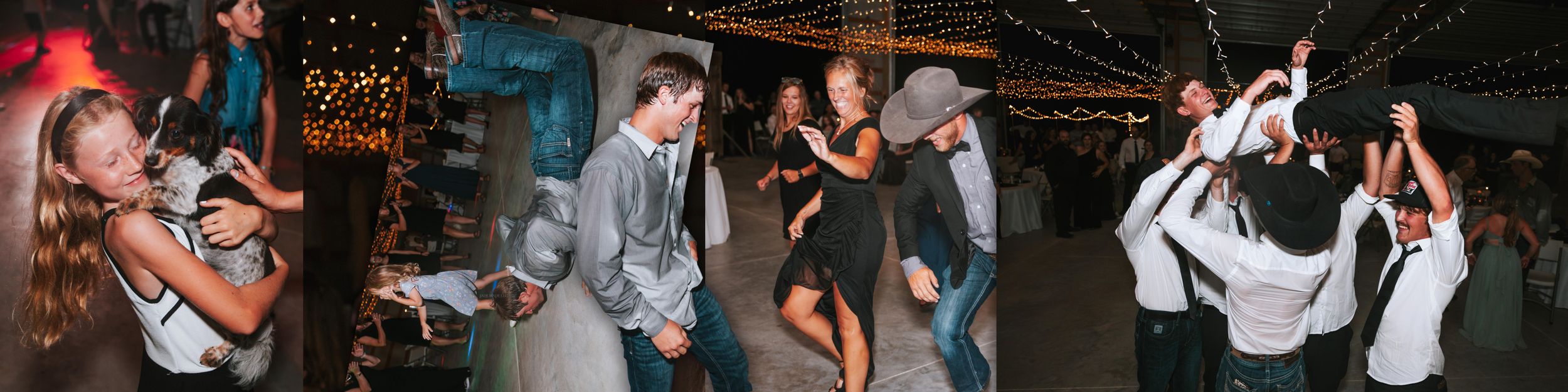 A series of candid party photos showing people dancing and celebrating at a lively nighttime event.