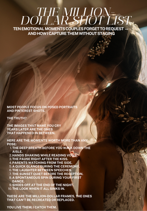 A collection of text overlays on dark wedding photography backgrounds describing emotional moments and candid shots.