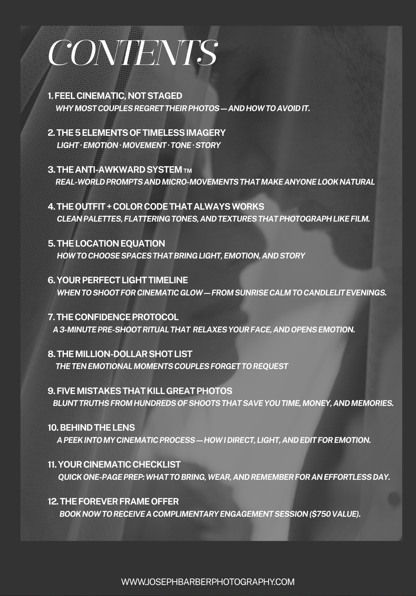 A dark table of contents page showing numbered chapters and sections with photography-related topics and techniques.
