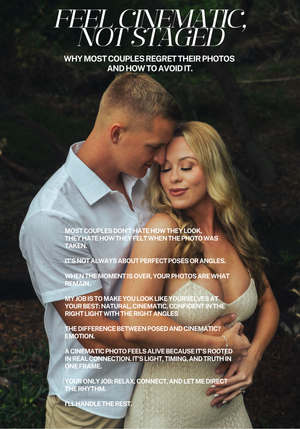 A series of romantic black and white engagement photos showing couples embracing with text overlays about photography tips.