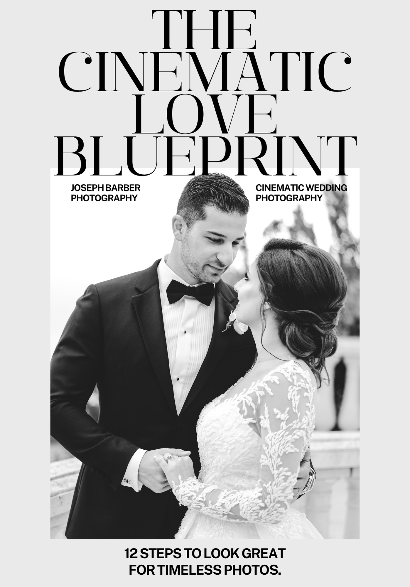 Black and white wedding photography collage showing romantic couples in formal attire with cinematic style compositions.