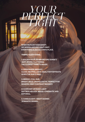 Artistic photo series showing warm golden light effects with text overlays about perfect lighting techniques and timing.