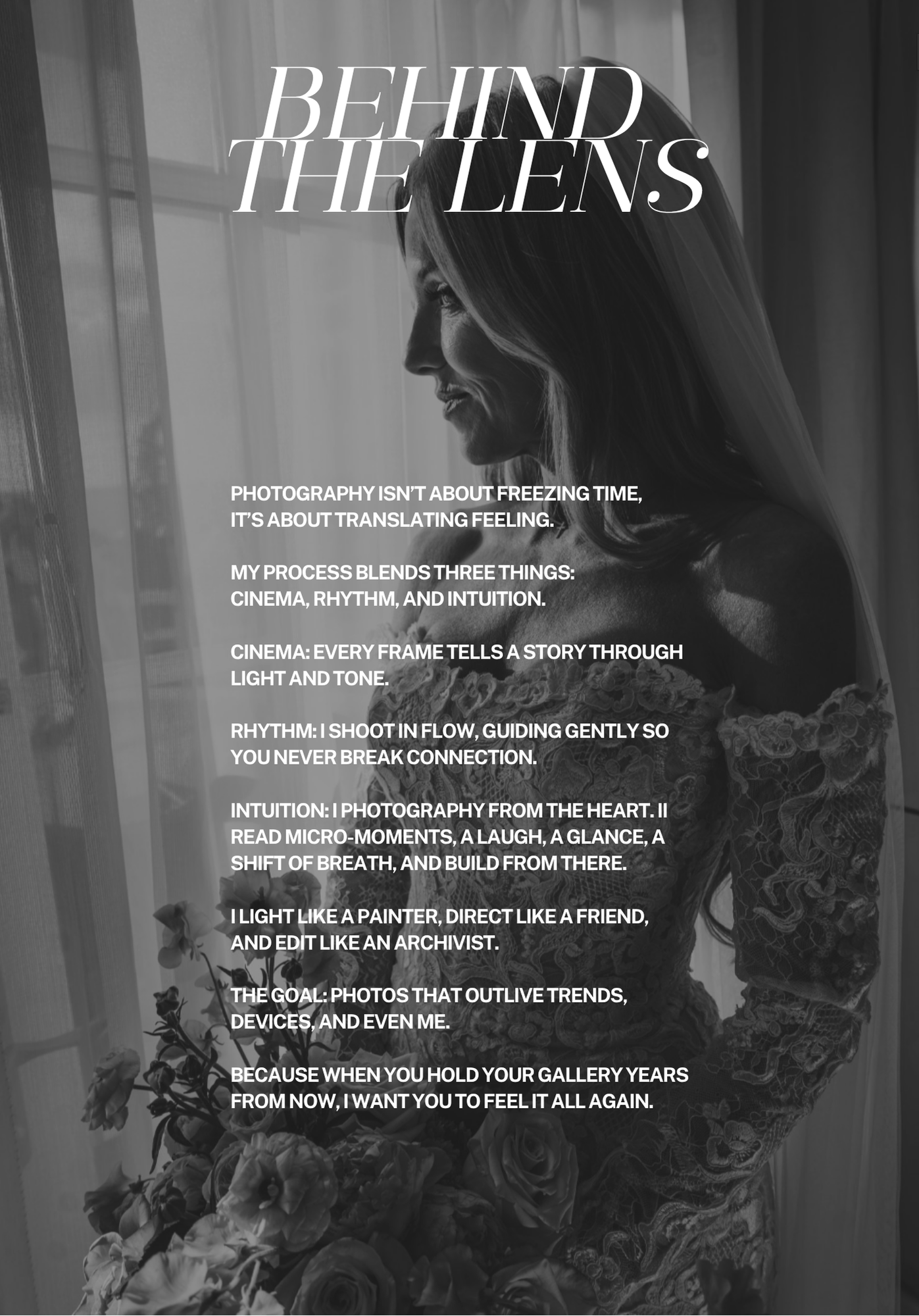 Black and white artistic photography book pages with text overlays discussing the art of capturing moments through the lens.