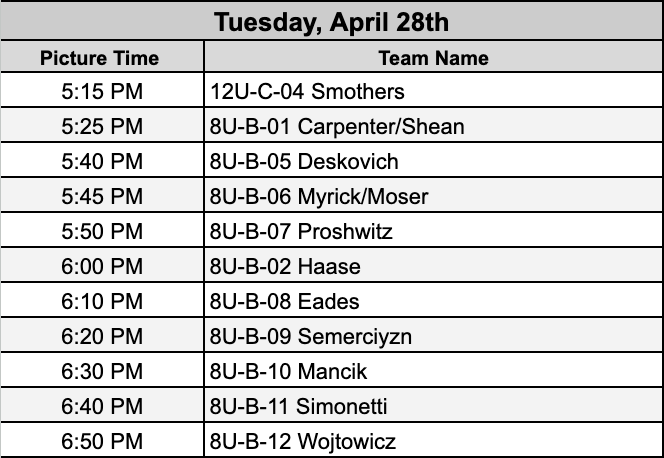 Monday April 27th youth soccer picture schedule listing team names and times from 5:00 PM to 5:50 PM.