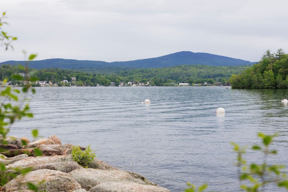 Scenic lake view with white buoys, rocky shoreline, lush green trees, and a mountain backdrop under cloudy skies.
