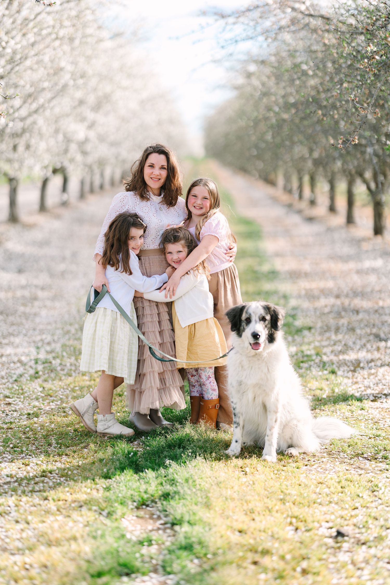 A mother and three daughters pose with a large dog in a blooming orchard, wearing soft pastel dresses in spring.