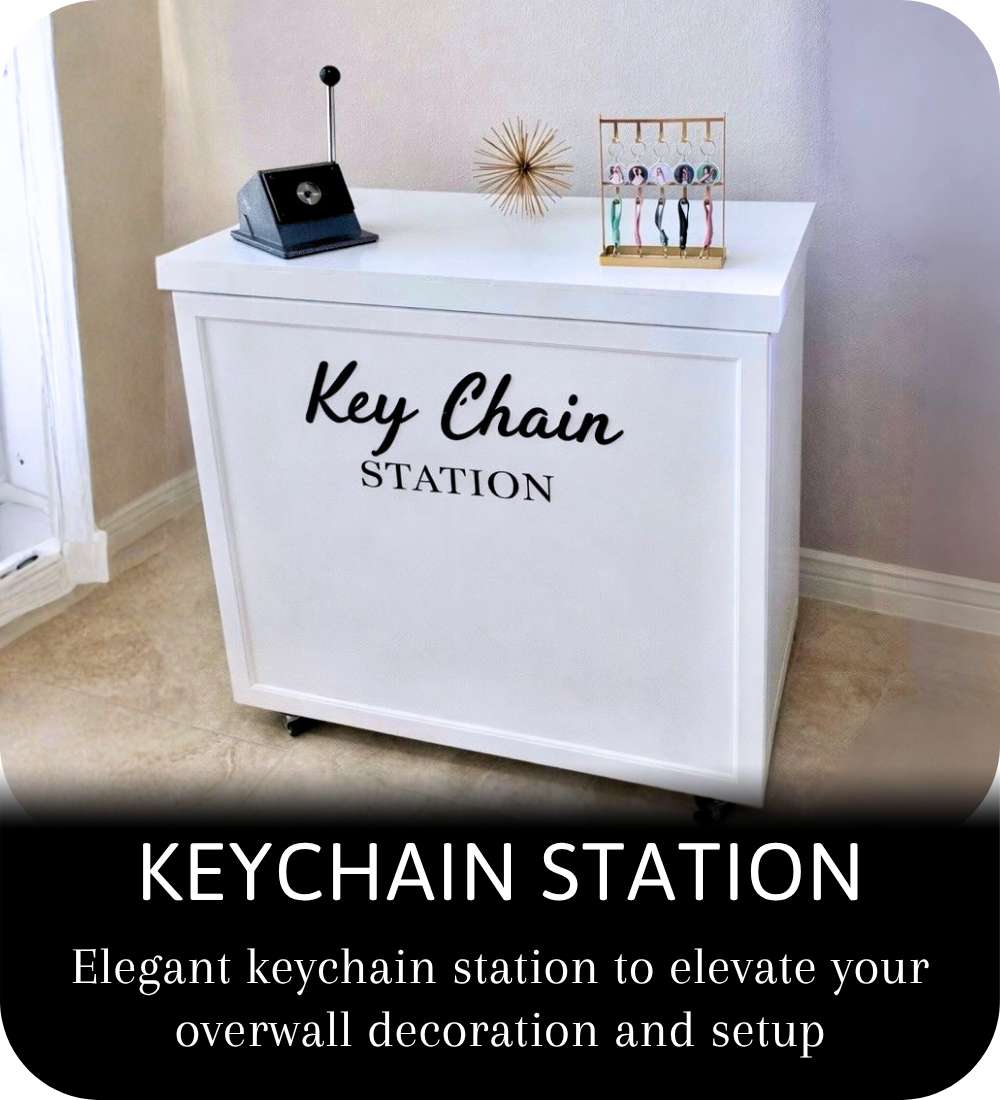 Custom photo keychains displayed on a wooden stand, featuring personalized portrait charms with colorful leather straps and gold rings.