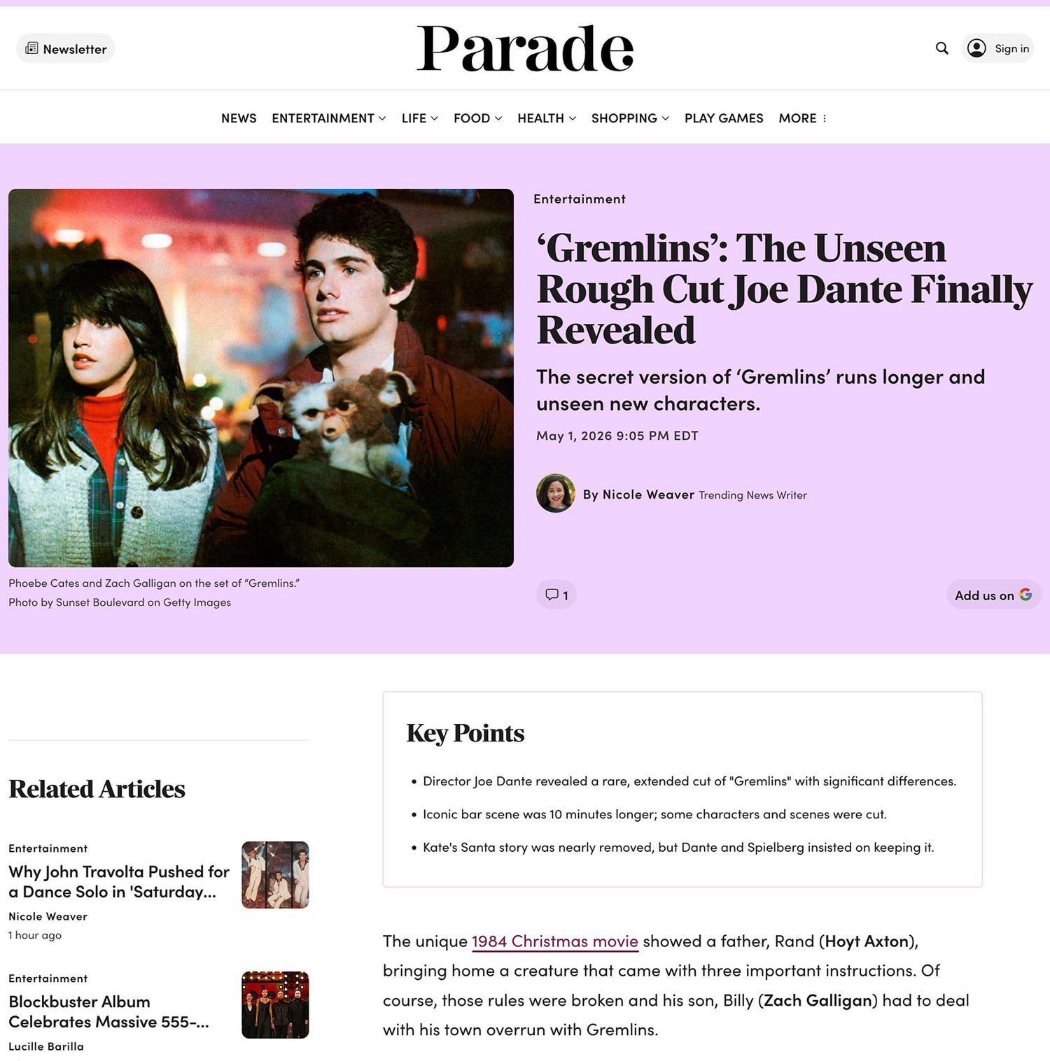 Parade website coverage of the Gremlins Rough Cut