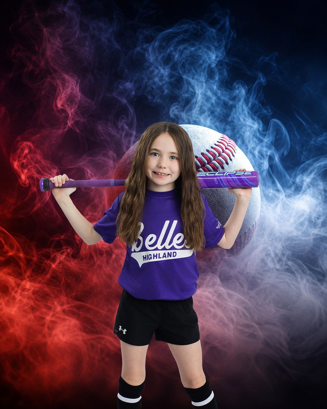 Young girl in purple Belles Highland softball uniform poses with bat over shoulder in front of dramatic red and blue smoke background.
