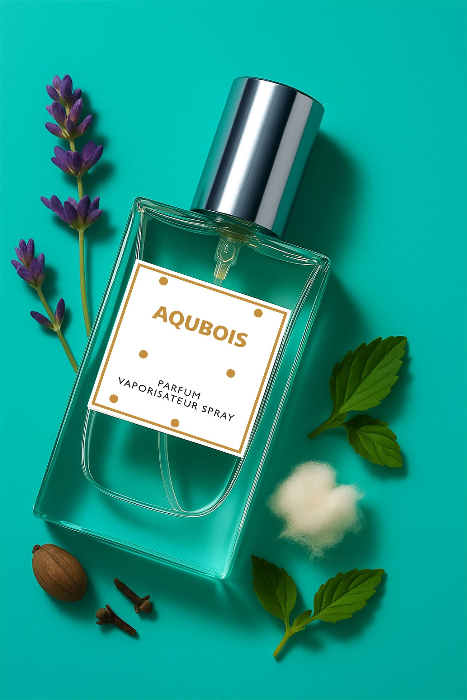 AQUBOIS parfum vaporisateur spray bottle on teal background with lavender, mint leaves, cotton, and spices.