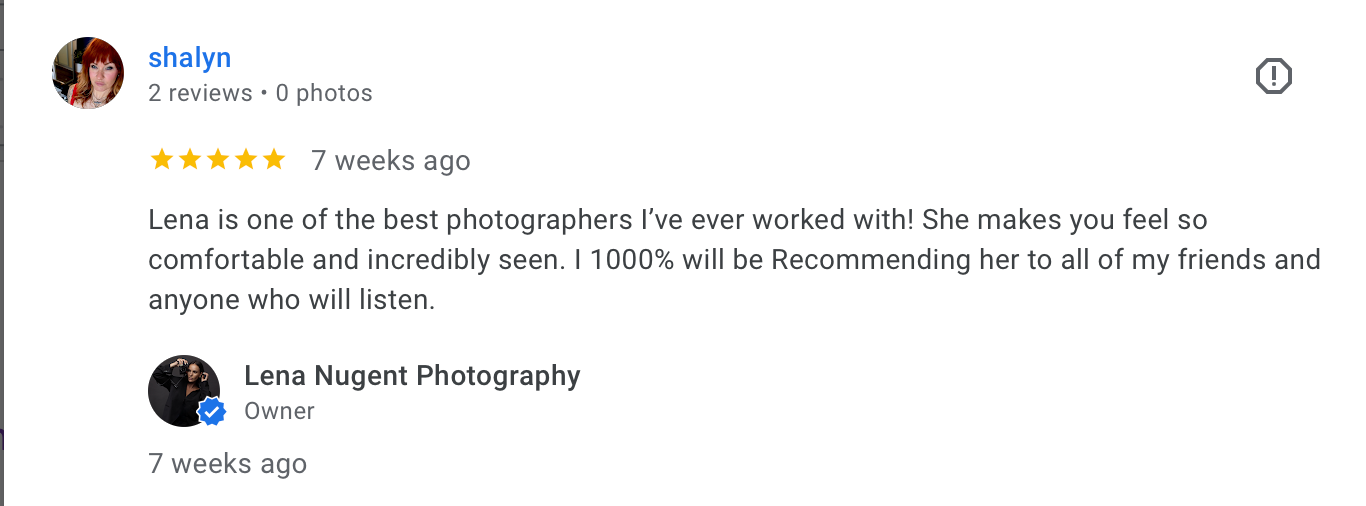 Five-star Google review praising Lena Nugget Photography as one of the best photographers, with owner response.