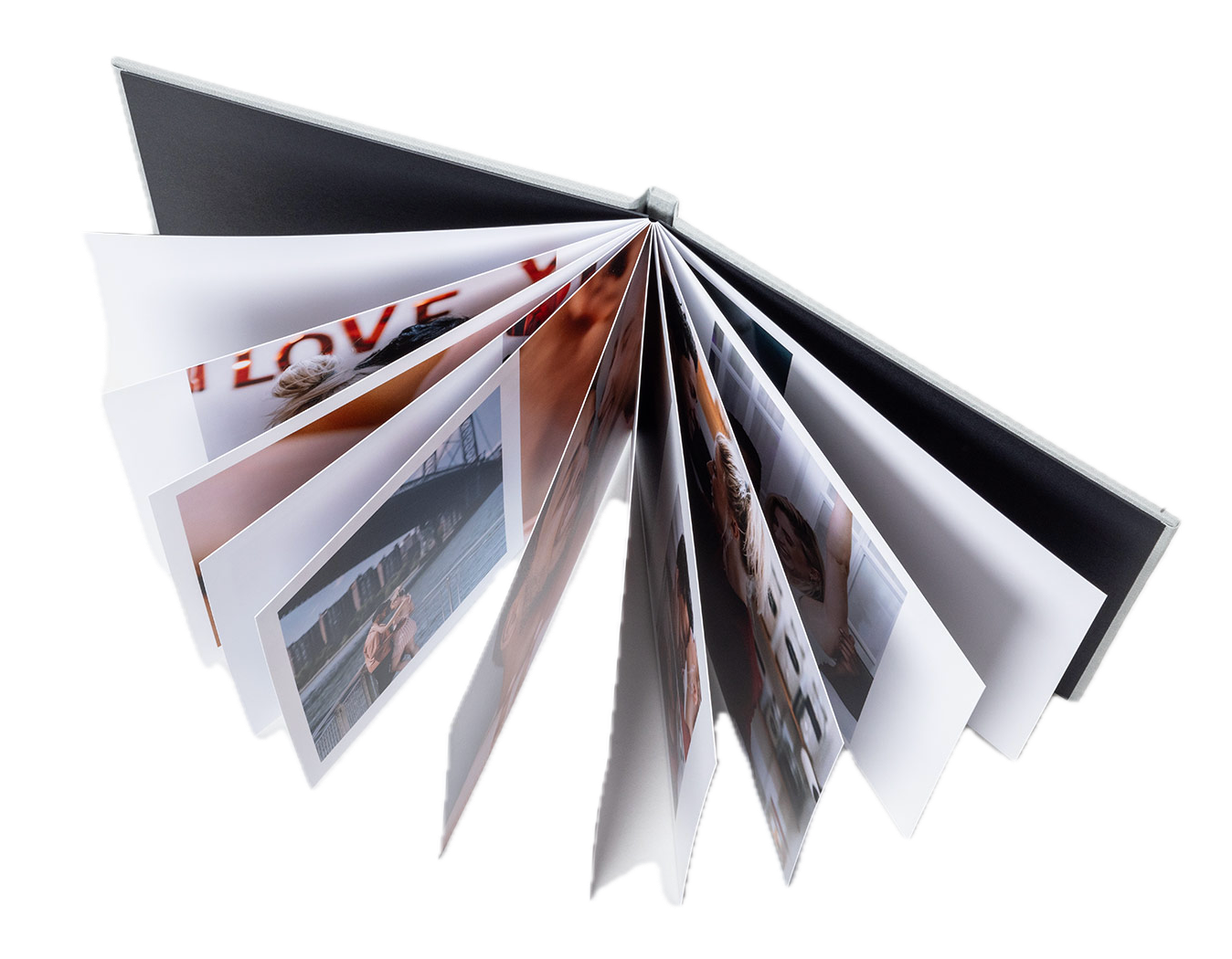 Fan-spread photo book with colorful pages displaying love-themed images and text, perfect for memories.