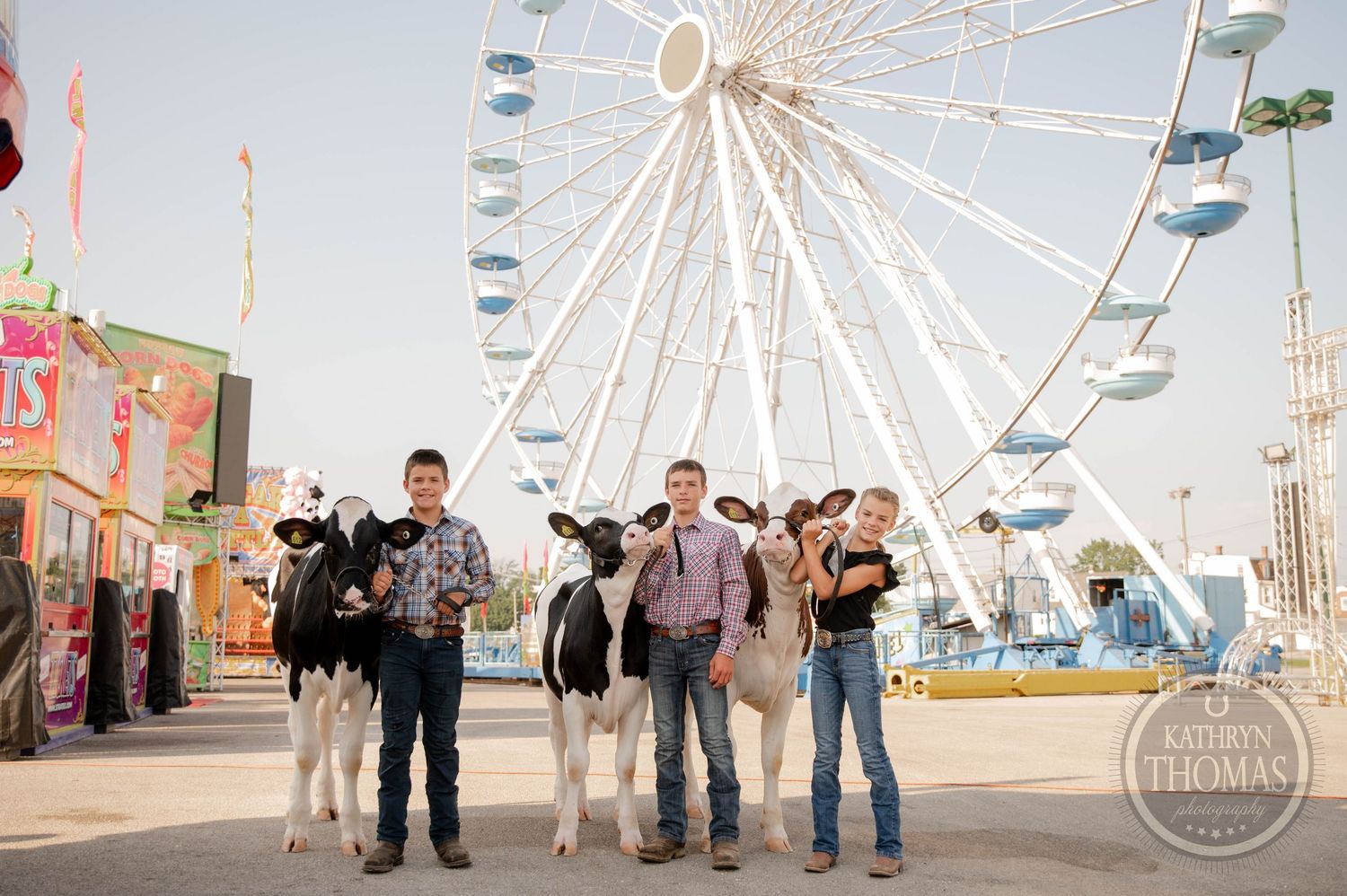 Three youth exhibitors hold Holstein calves at a county fair with a Ferris wheel in the background.