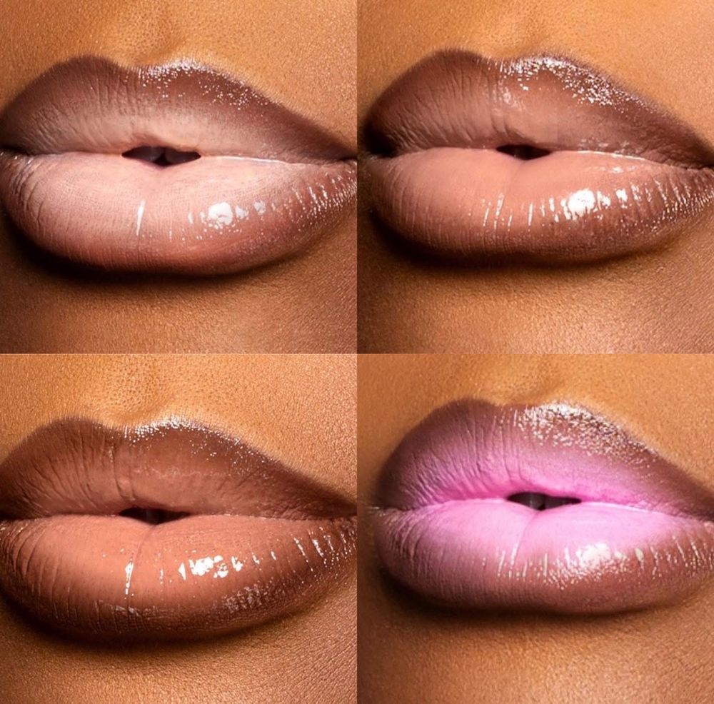 Four glossy lip shades on dark skin tones, showcasing nude pink, taupe brown, deep brown, and lavender pink lip colors.
