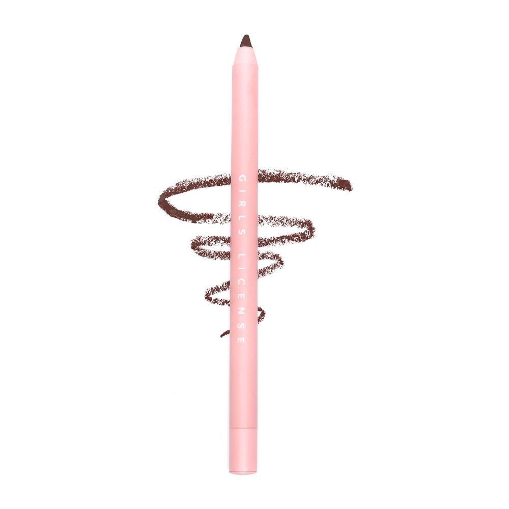 Pink cosmetic eyeliner pencil with a brown swatch swirl, ideal for precise eye makeup application.