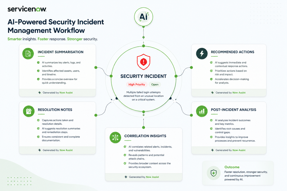 ServiceNow AI-powered security incident management workflow diagram showing AI-driven insights, recommendations, and analysis features.