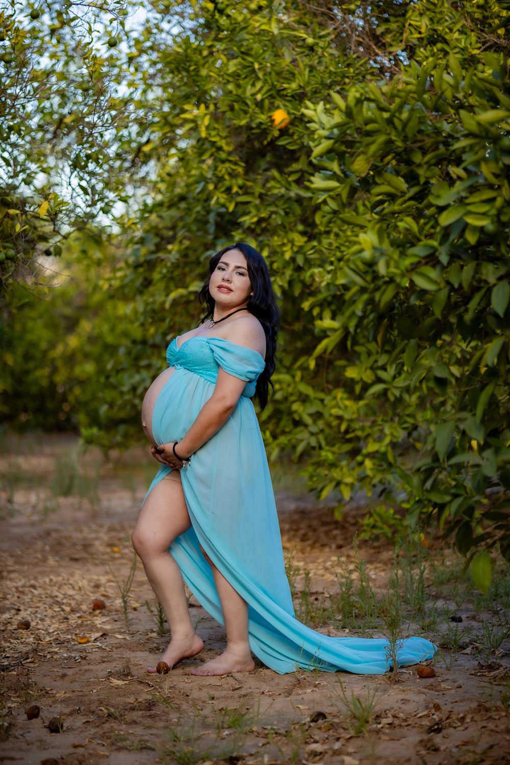Pregnant woman in flowing teal off-shoulder gown stands barefoot among orange trees outdoors.