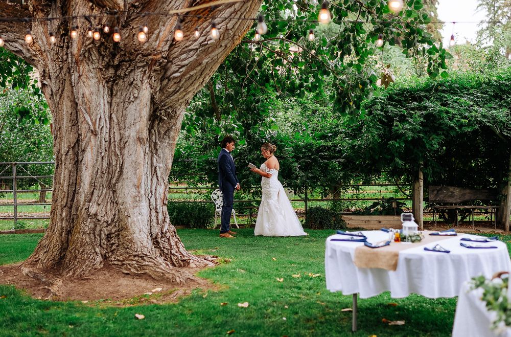 Couple shares intimate moment under large tree with string lights at outdoor garden wedding reception.