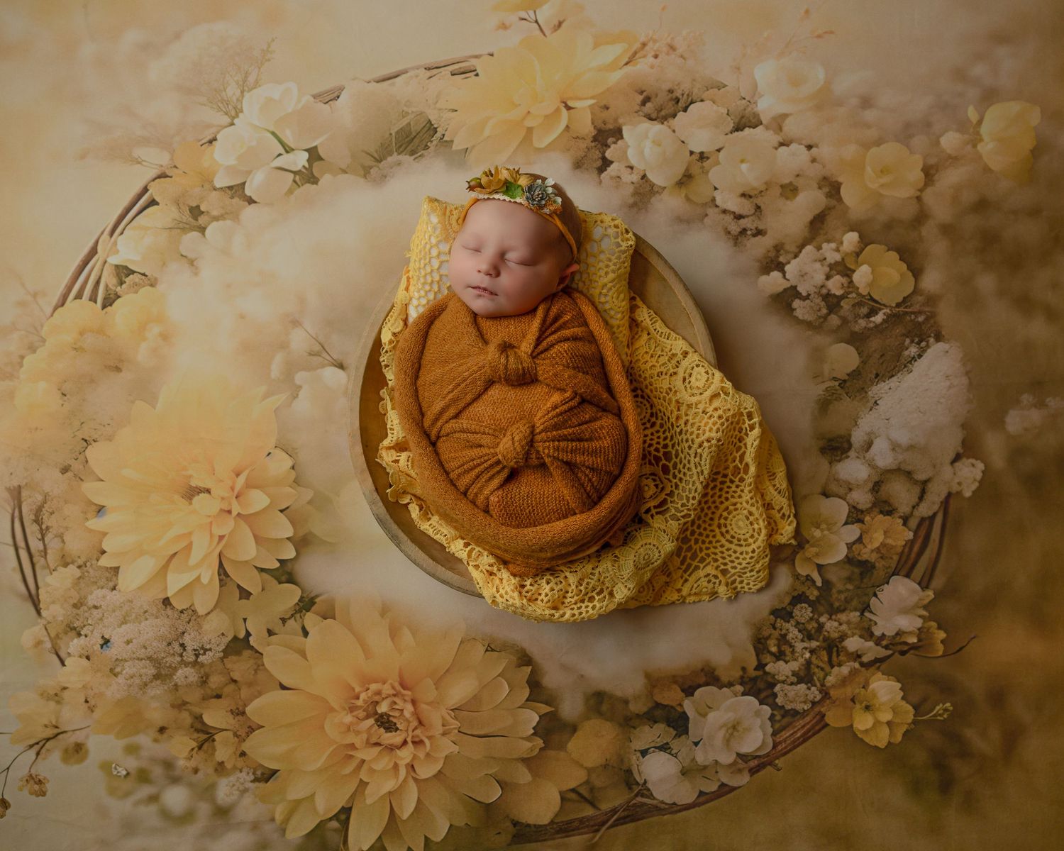 Sleeping baby nestled in golden fabric surrounded by soft floral arrangements and delicate decorations.