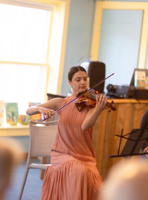A violinist performs in a peach-colored dress in front of a bright window.