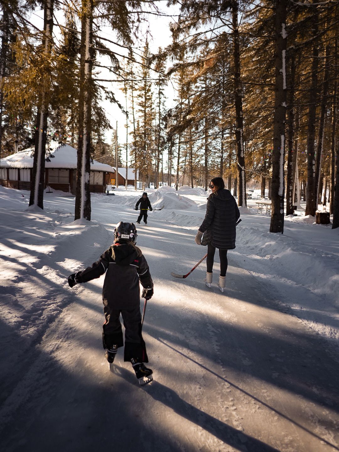 Group ice skating on a snow-covered path through pine trees.