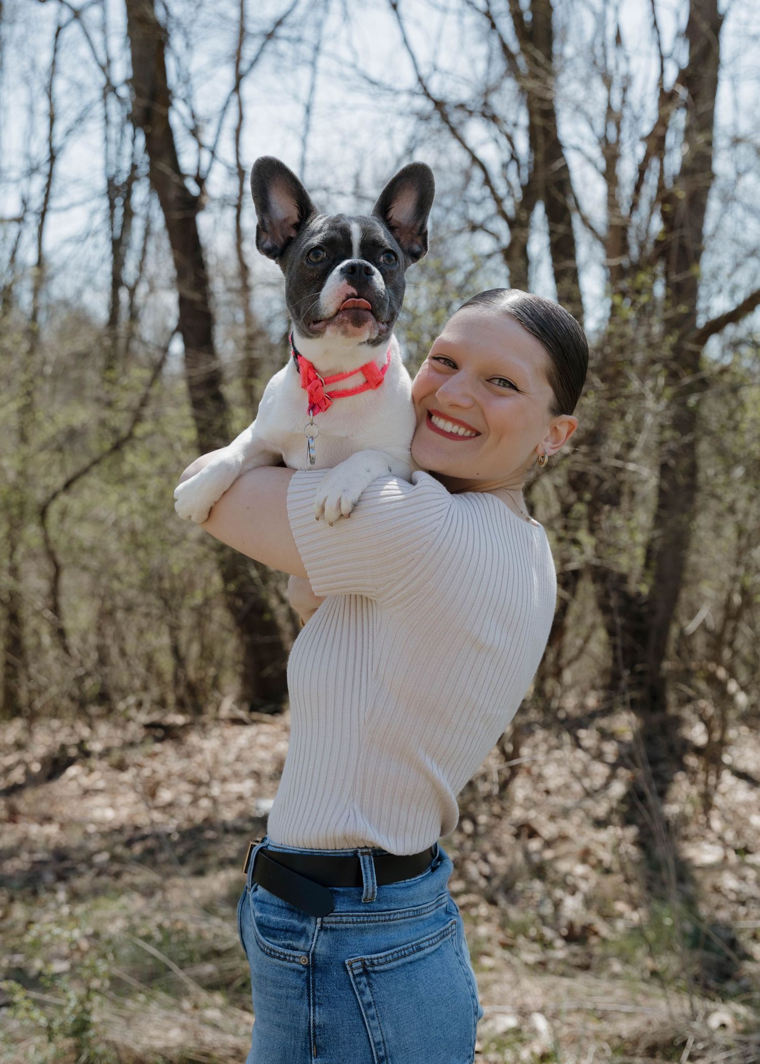 A French Bulldog with black and white markings playfully poses with someone in a white sweater in a wooded setting.