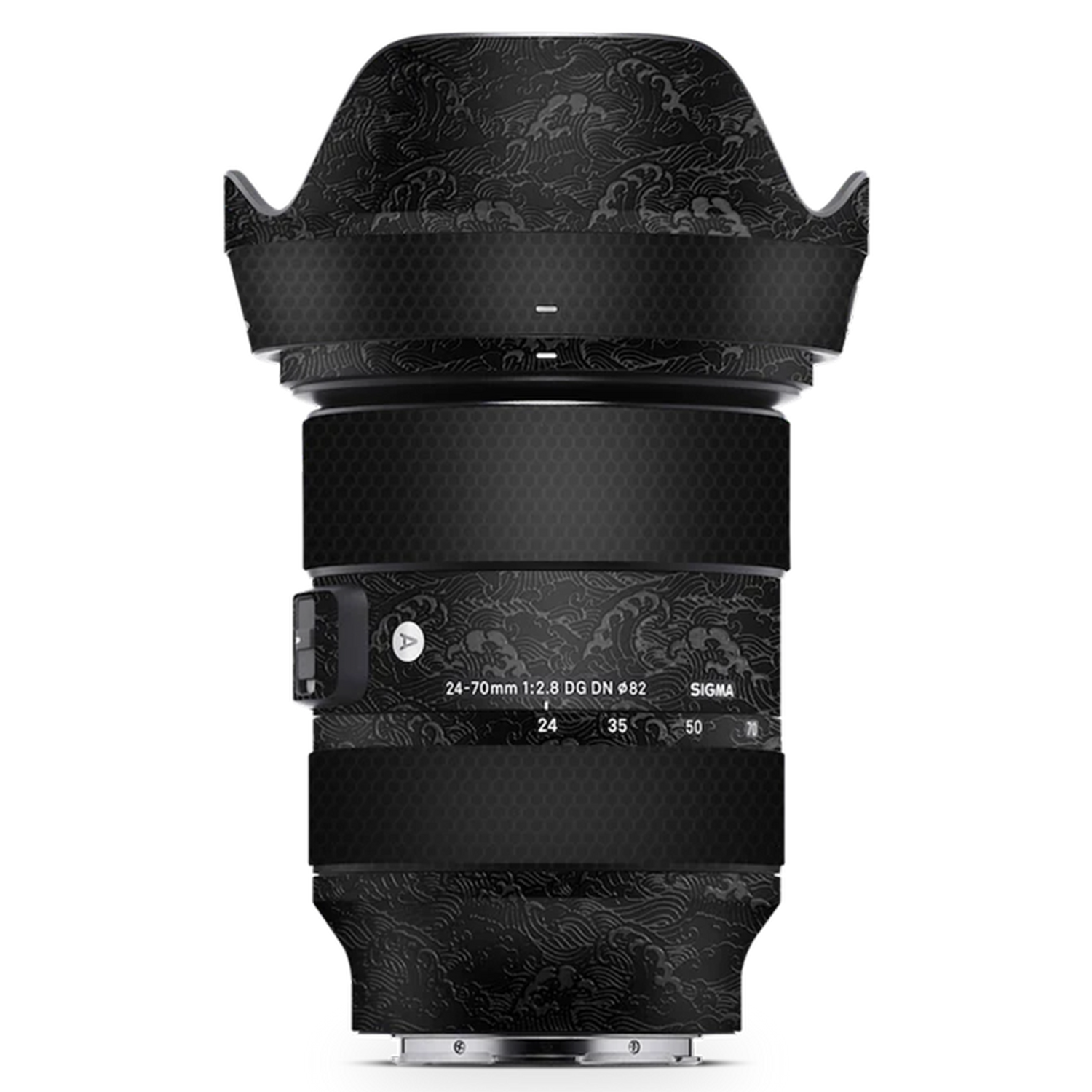 A black professional zoom lens with wide-angle capability and petal-shaped lens hood attached.