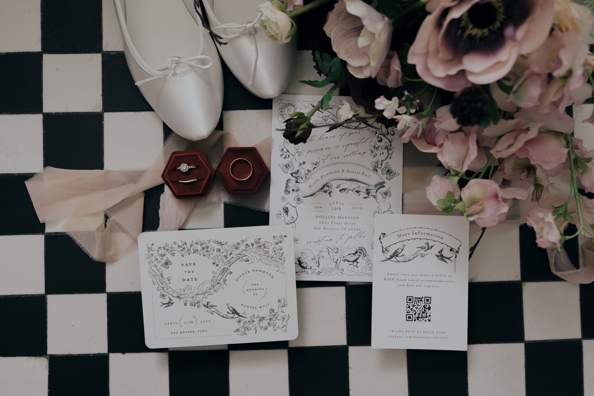 Wedding details including rings, shoes, and invitation on a checkered surface.