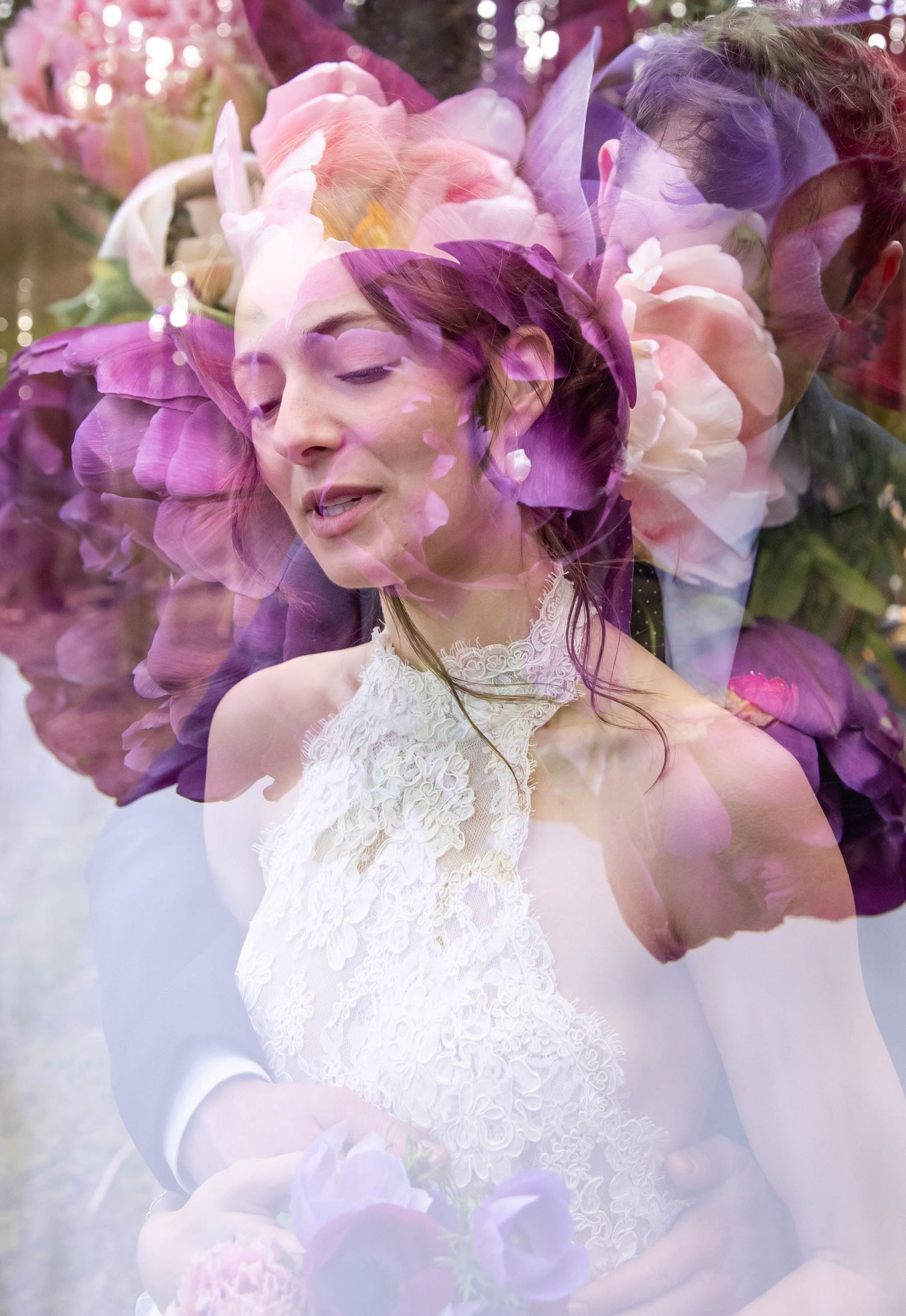 Photo of a bride double exposed with her wedding bouquet