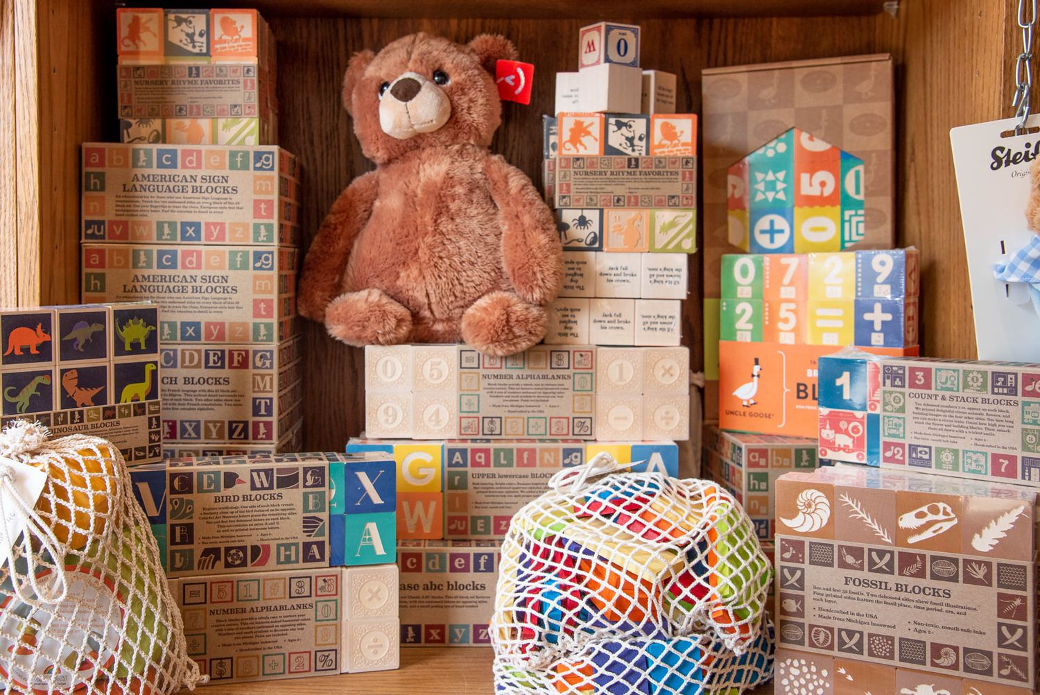 A brown teddy bear sits among wooden alphabet blocks and colorful mosaic balls on vintage wooden shelves.
