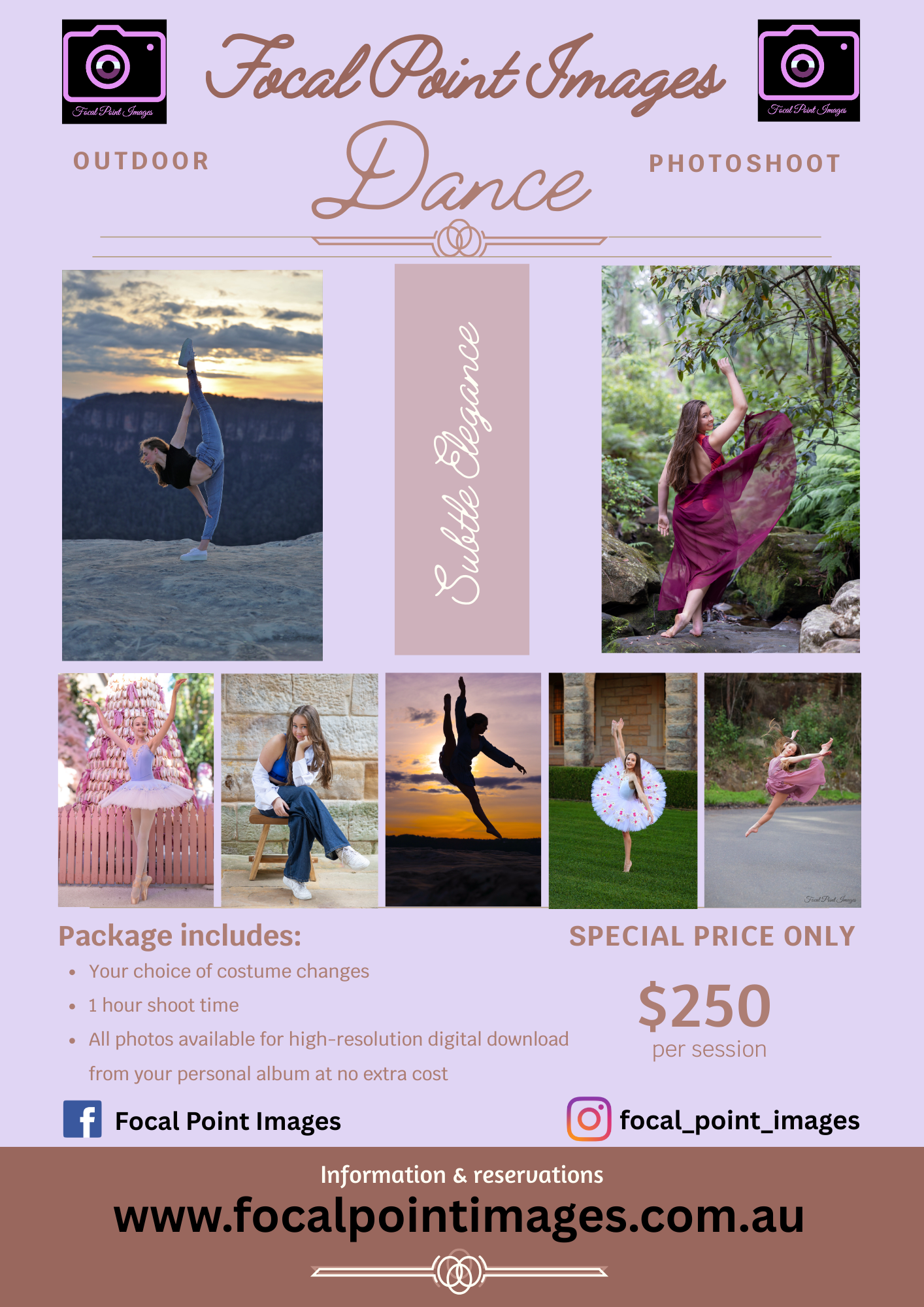 Photography advertisement showing dancers in various poses outdoors and in nature with special pricing and package details.