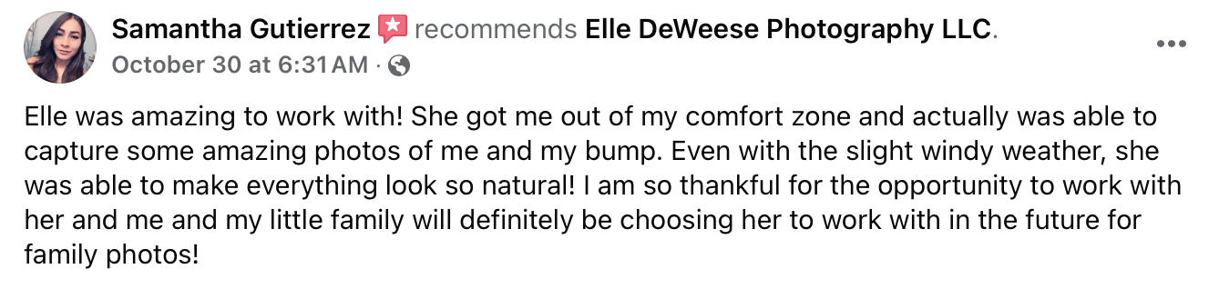A client testimonial describing a successful outdoor photo session despite windy conditions.